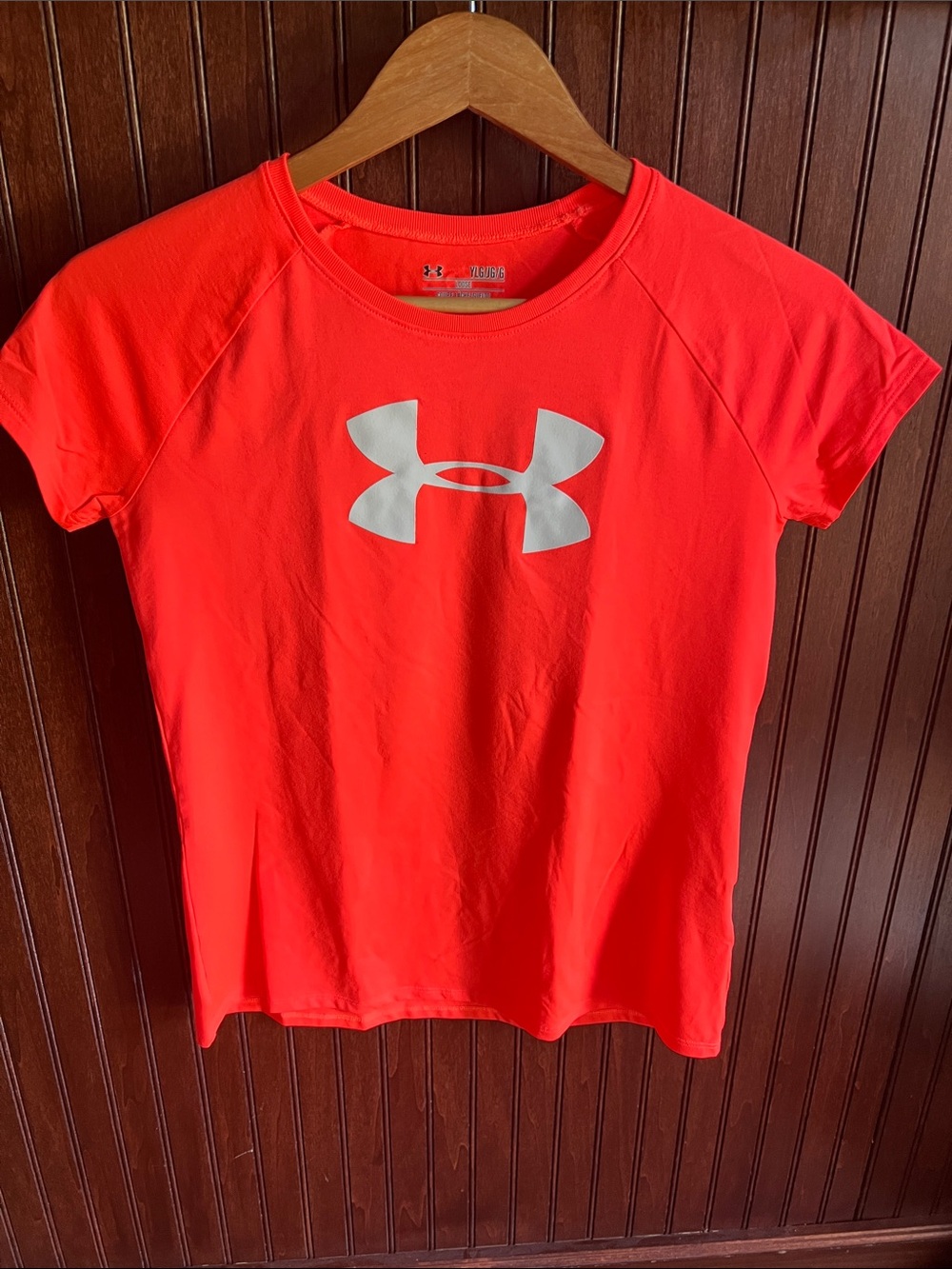 Under Armour Bright Orange Performance Tee with White Logo, Youth Large
